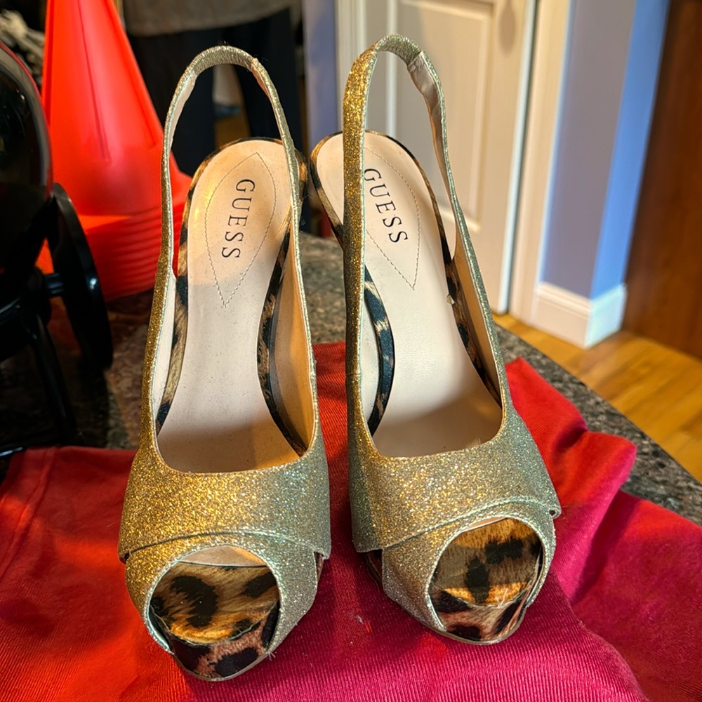 Gold and leopard guess heels great condition worn twice